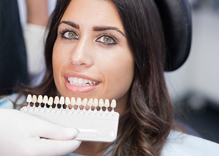 woman's smile compared with shade chart for porcelain veneers in Denison