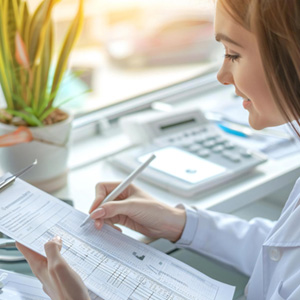 Woman determining the cost of teeth whitening treatment